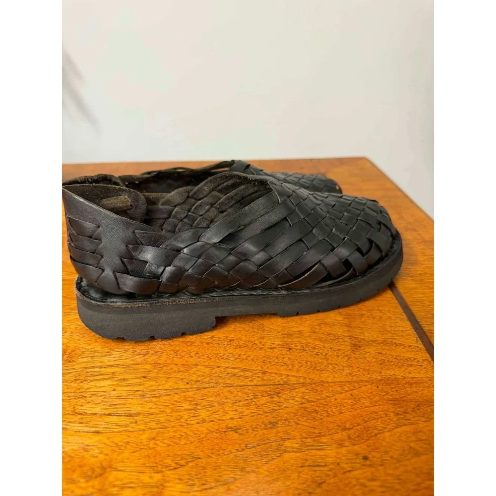 Brand X Huaraches Black Woven Leather Sandals Mens 7 Mexico Lug Sole Slip On